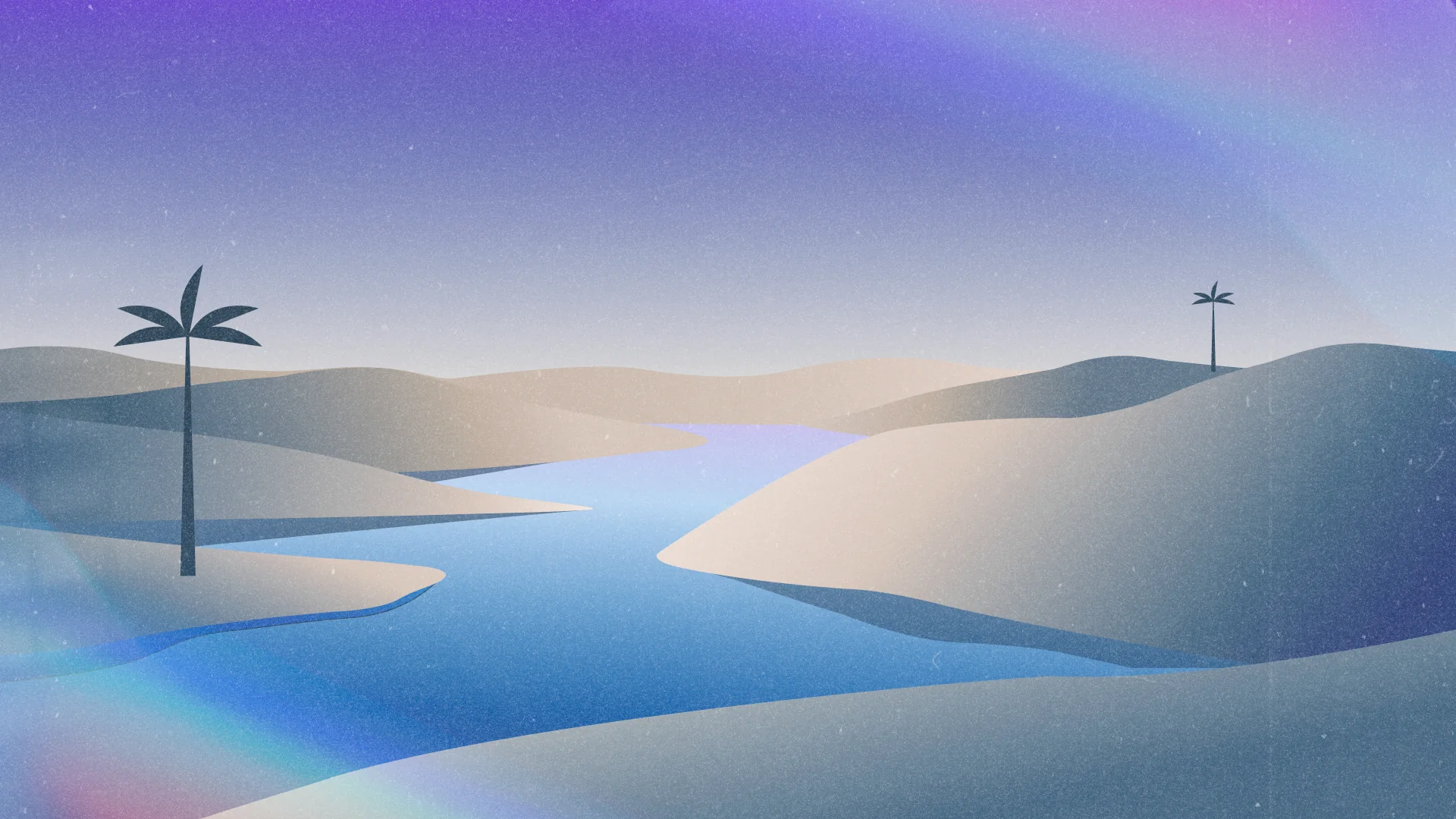 Ilustração do Rio Preguiças serpenteando entre as dunas ao entardecer